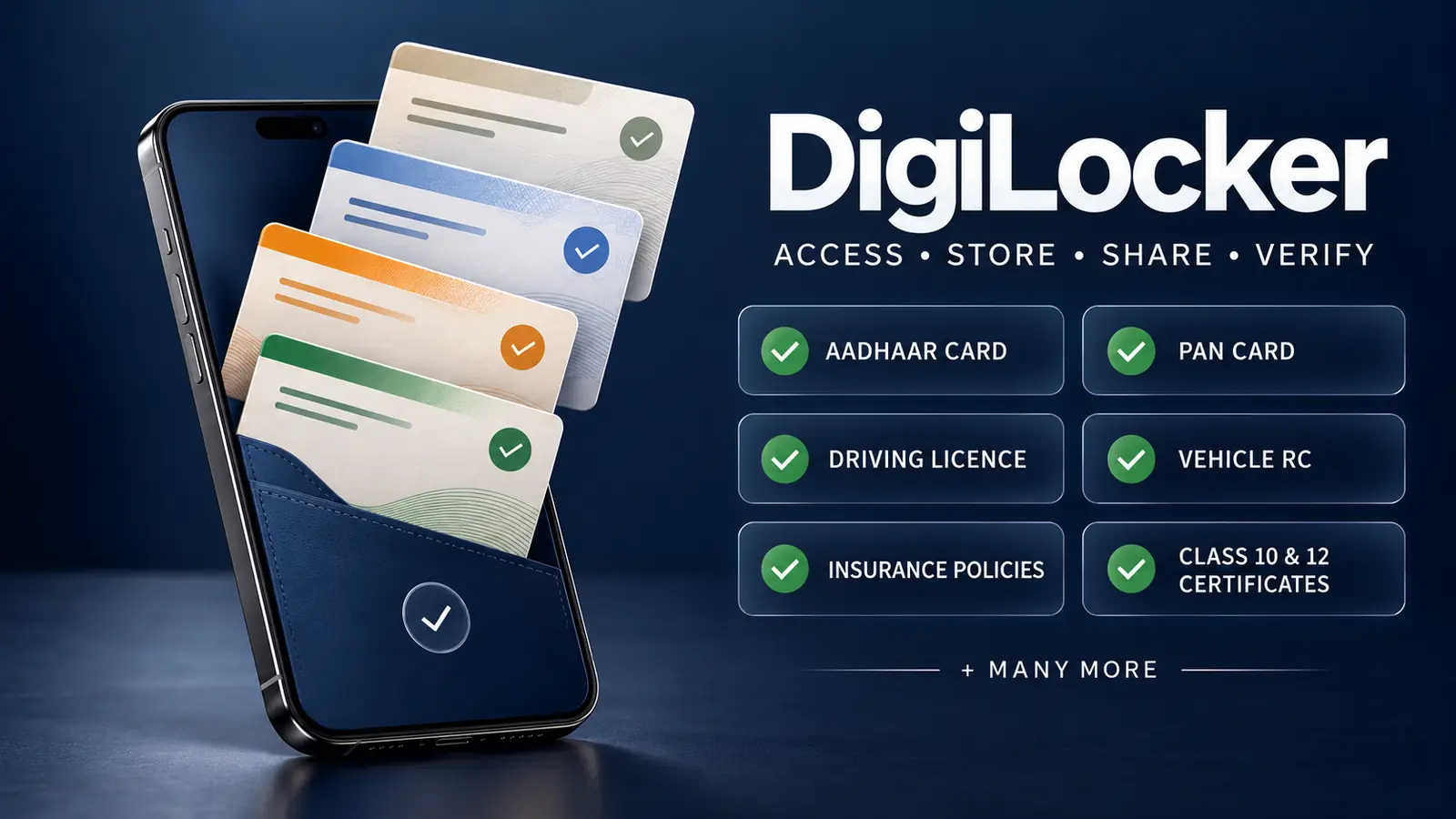 Illustration showing Aadhaar, PAN, driving licence, vehicle RC, insurance and school certificates available through DigiLocker