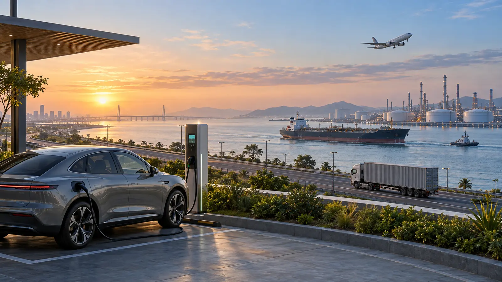 Electric vehicle charging beside an oil tanker, refinery, freight truck and aircraft in a modern coastal energy corridor.