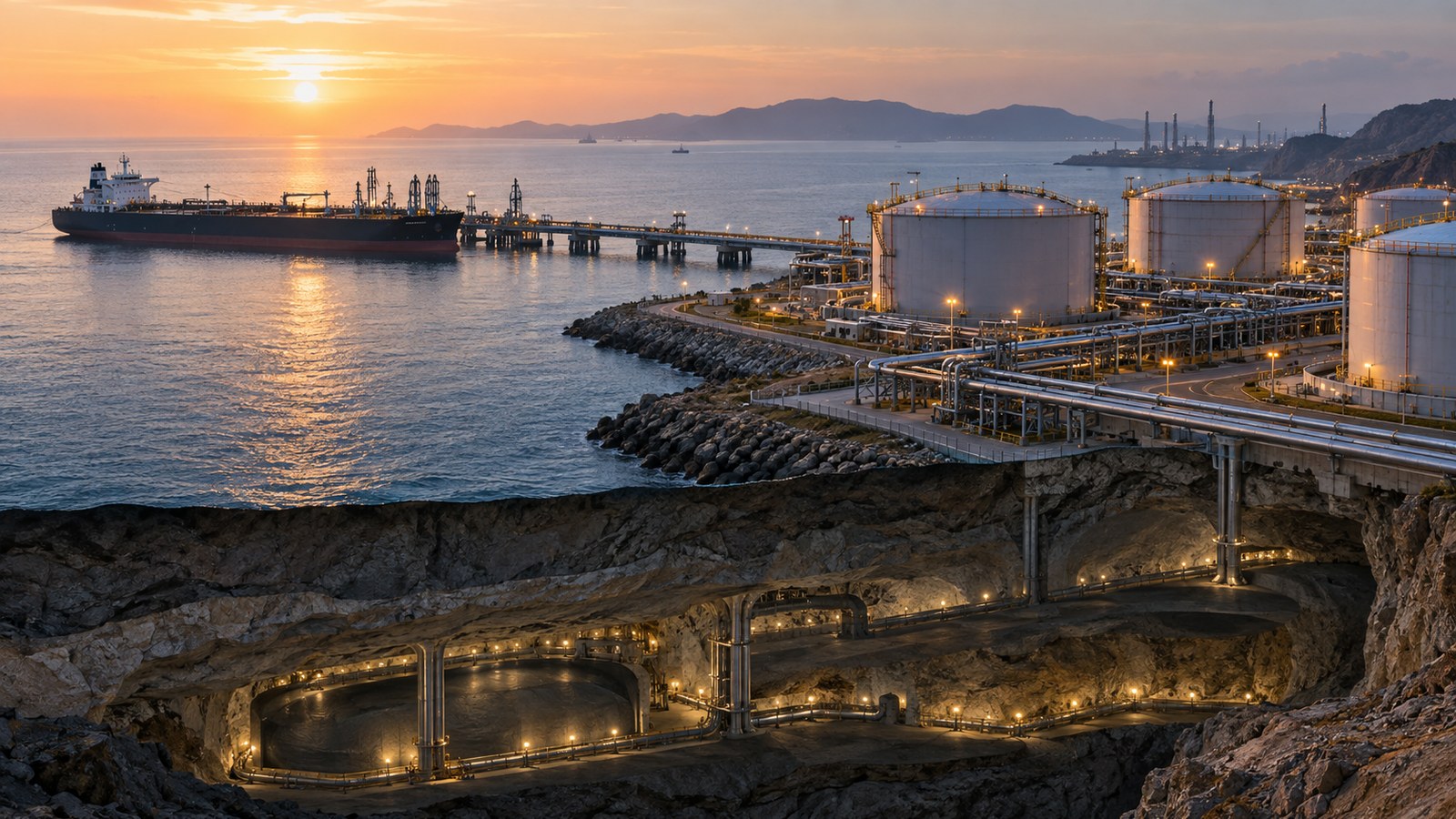 Crude-oil tanker, coastal storage tanks and underground caverns representing India’s strategic petroleum reserve.