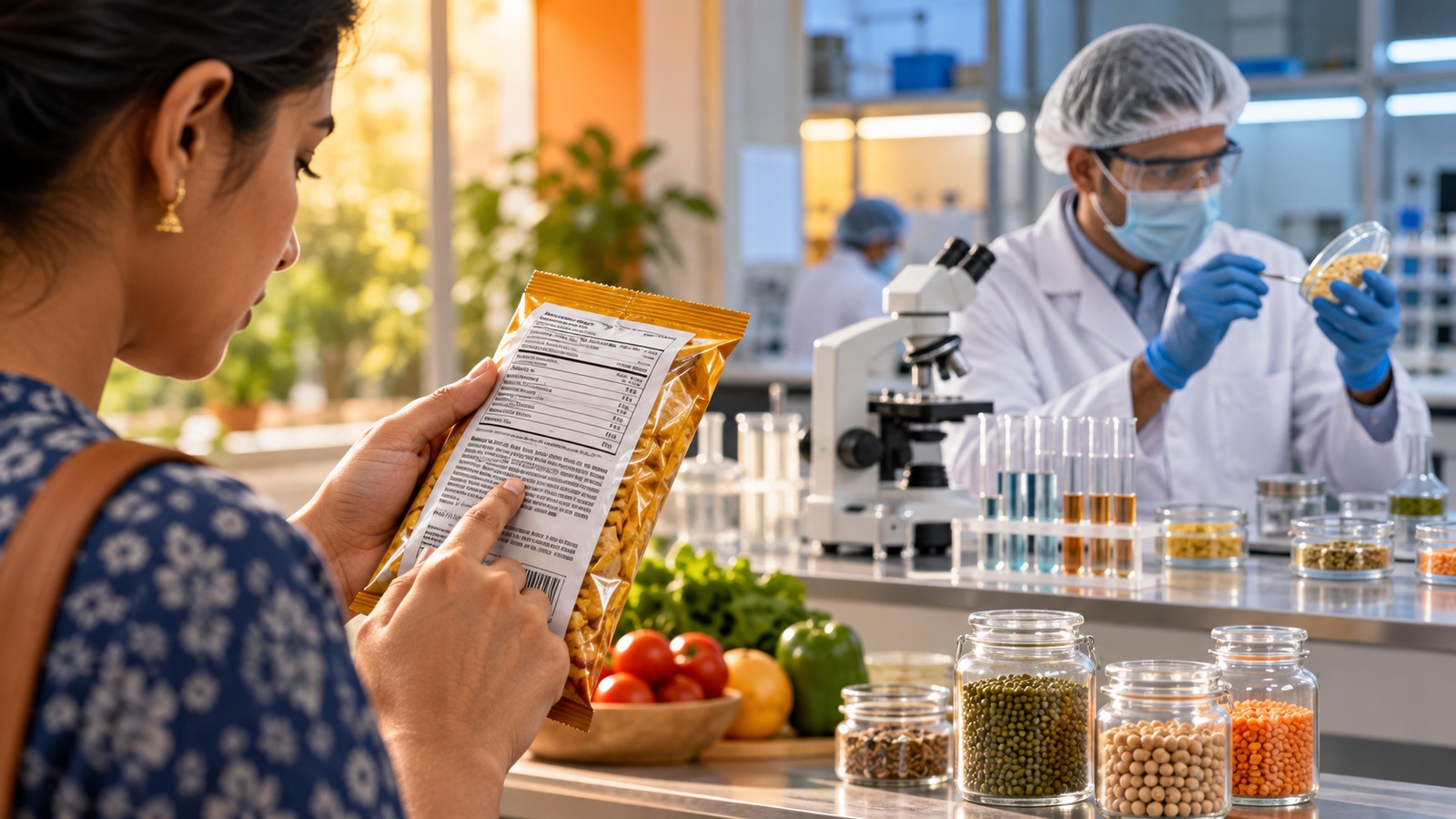 Indian consumer reads a packaged-food ingredient label while a food-testing laboratory examines samples in the background.