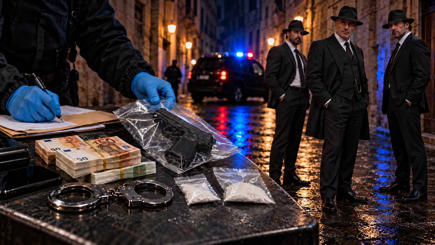 Three fictional mafia figures in dark suits and fedora hats stand on the right of a nighttime crime-investigation scene, with handcuffs, banknotes and bagged evidence on the left.