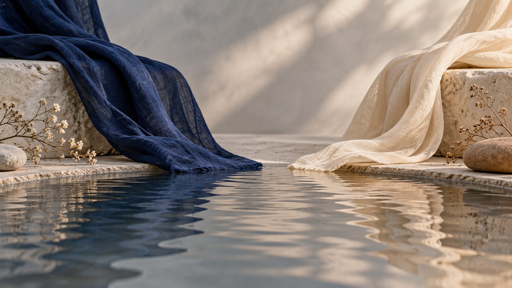 Two separate lengths of dark blue and ivory fabric meet the edge of a shallow reflecting pool in soft light.